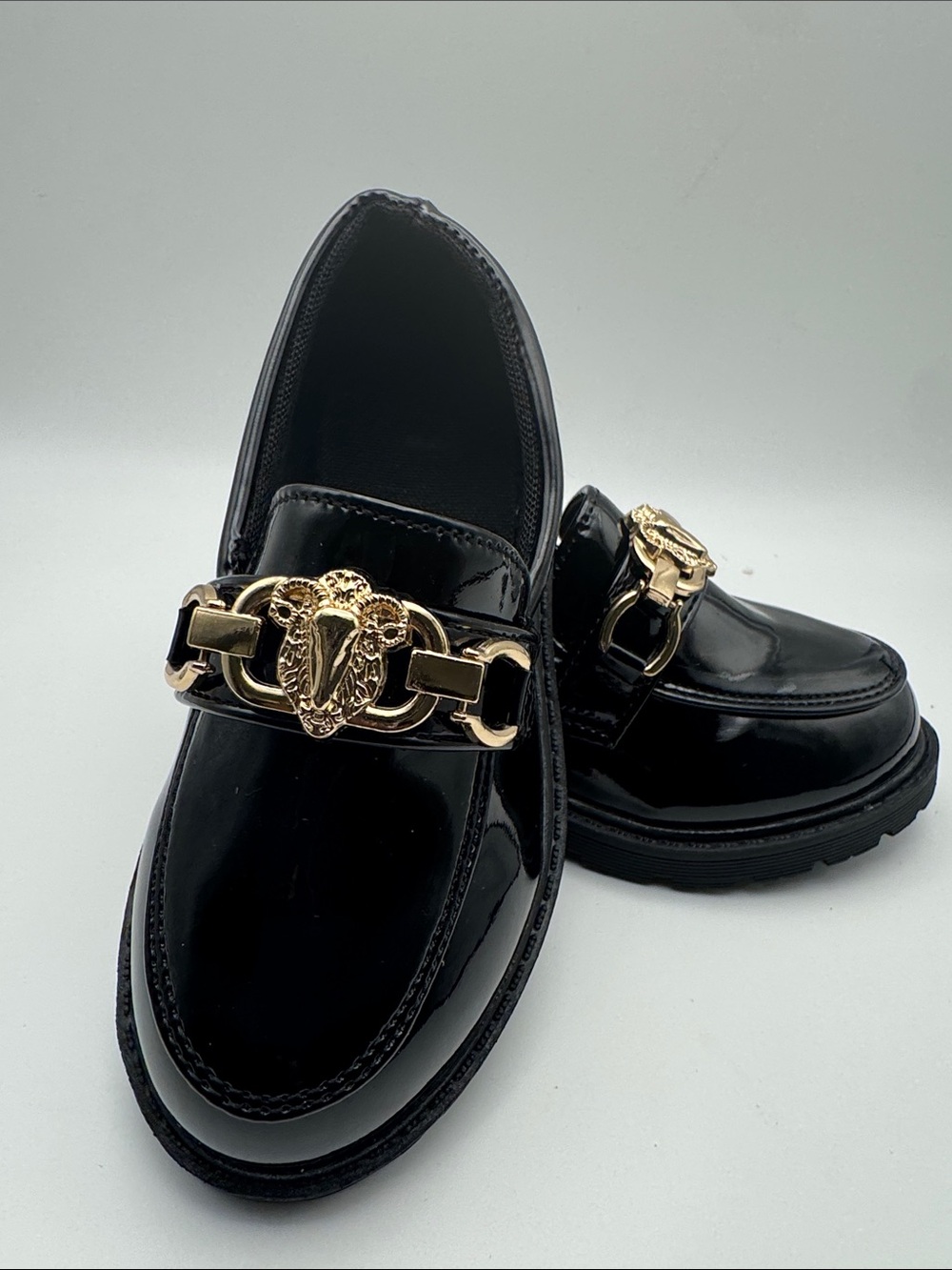 Black Patent Leather Men's Loafers with Gold Chain Accent